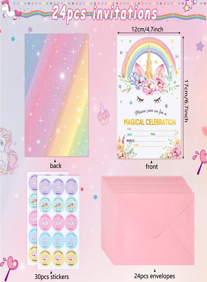 Spakon 24 Pack Unicorn Birthday Invitation for Girls Boys Party Invitation Card 24 Envelope 30 Rainbow Sticker Labels for Birthday Baby Shower Party Supplies - Image 2