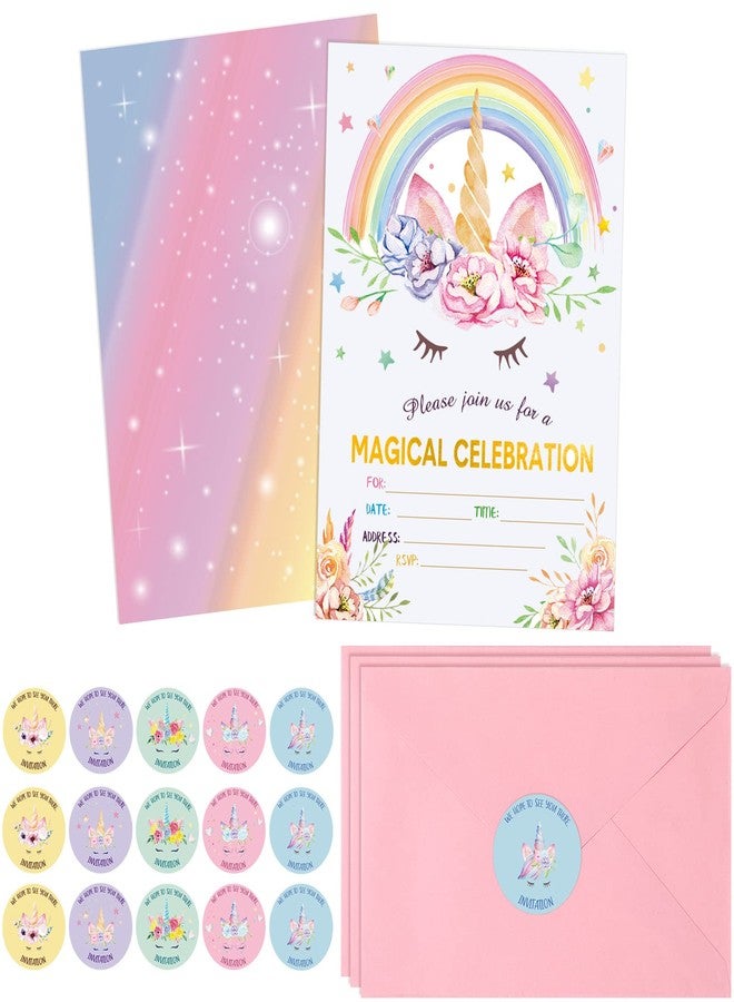 Spakon 24 Pack Unicorn Birthday Invitation for Girls Boys Party Invitation Card 24 Envelope 30 Rainbow Sticker Labels for Birthday Baby Shower Party Supplies - Image 1