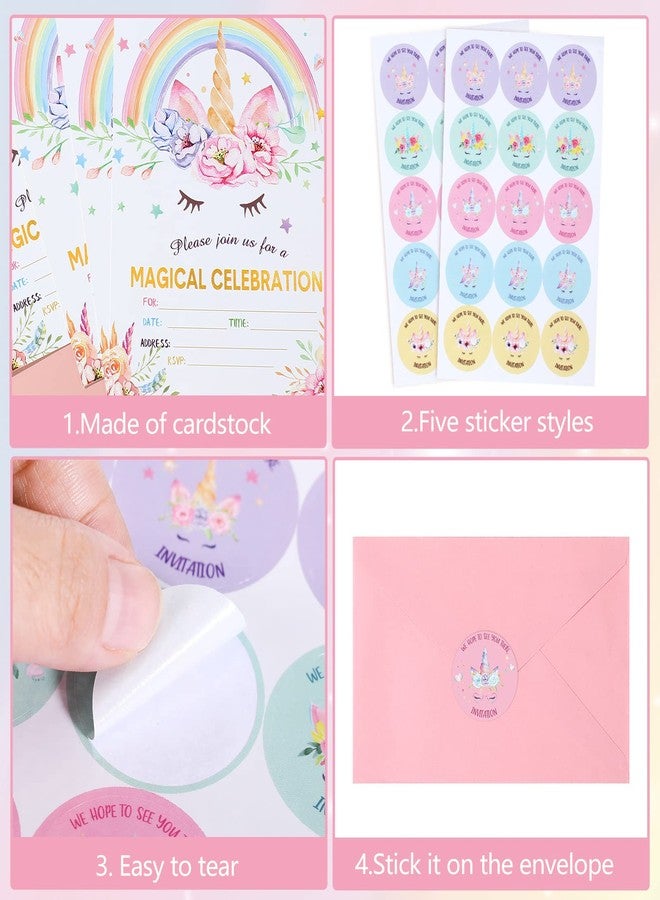 Spakon 24 Pack Unicorn Birthday Invitation for Girls Boys Party Invitation Card 24 Envelope 30 Rainbow Sticker Labels for Birthday Baby Shower Party Supplies - Image 3
