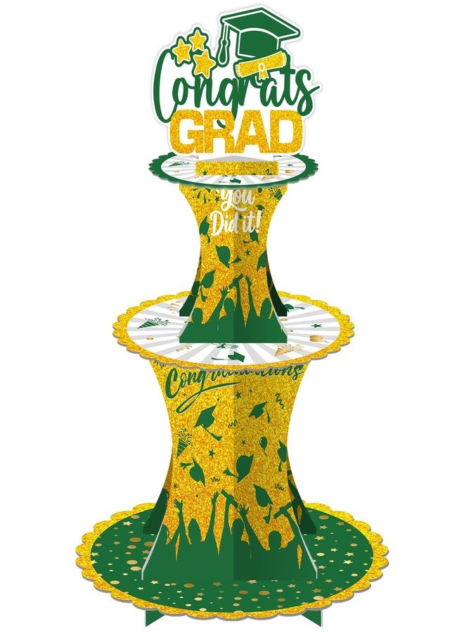 XCX Graduation Cupcake Stand Decoration, 3 Tier Congrats Grad Party Cupcake Holder Tower, Cardboard Grad Theme Dessert Cookies Stand for Graduation Party Supplies Favors (Green & Gold) - Image 1