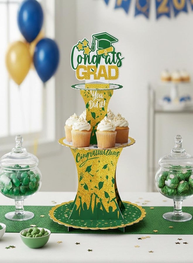 XCX Graduation Cupcake Stand Decoration, 3 Tier Congrats Grad Party Cupcake Holder Tower, Cardboard Grad Theme Dessert Cookies Stand for Graduation Party Supplies Favors (Green & Gold) - Image 5