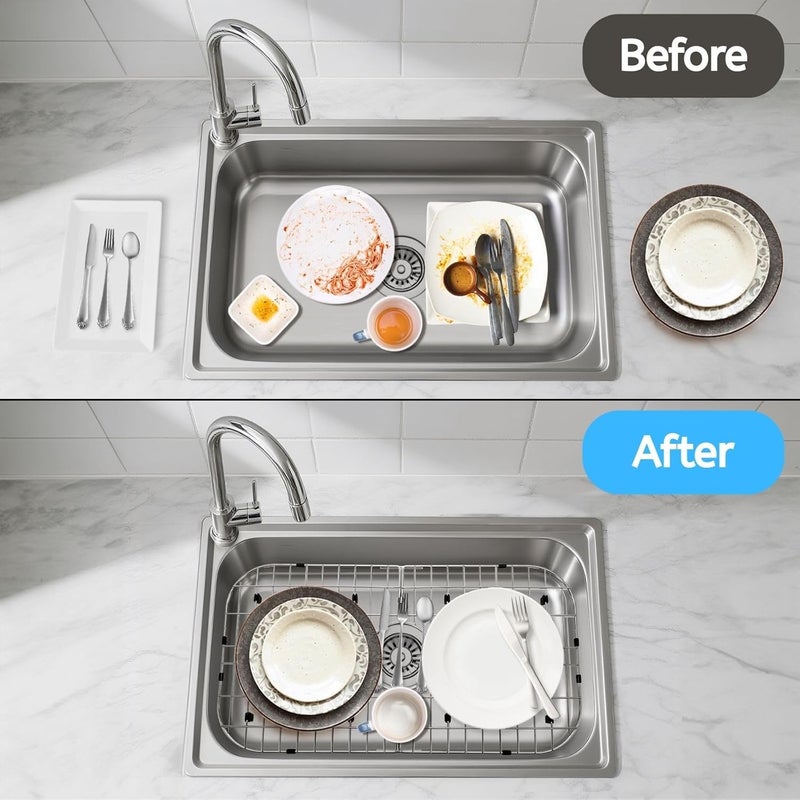 Youeon Stainless Steel Sink Protector Grid 26" x 14", Foldable Kitchen Sink Bottom Grid with Centered Drain Hole, Rust-Resistant Sink Rack for Dishes, Pots, and Glassware - Image 5