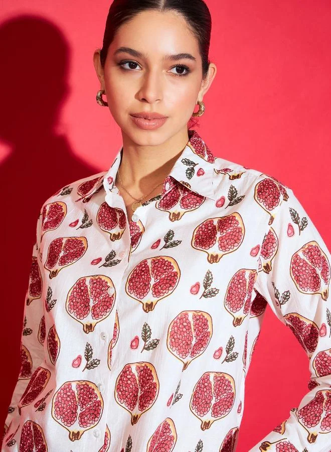 Uptownie White Pomegrate Print Cotton Shirt