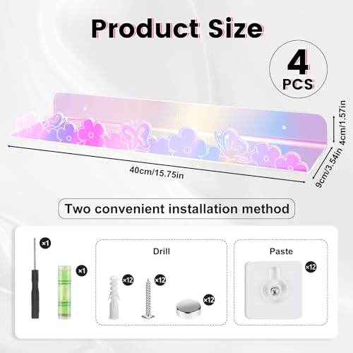 alldomess Floating Shelves for Wall4 Pack 157x 35Adhesive Acrylic Shelves Organizer for Book Toy Photo MakeupWallMounted Kids Storage for BathroomBedroomNurseryIridescent Butterfly - Image 3