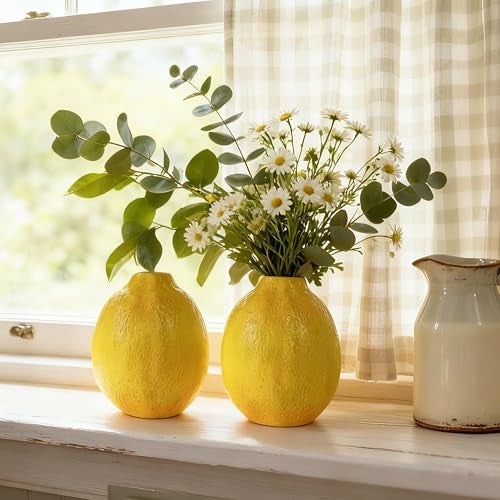 Cynkeyee Unique Lemons Shaped Vase for Decor Set of 2 Fruit Shaped Vase Ceramic Vases Decor for Flowers Fake Lemon Decorations Vases for Centerpieces Living Room Kitchen 35 x 35 x 45 Inch