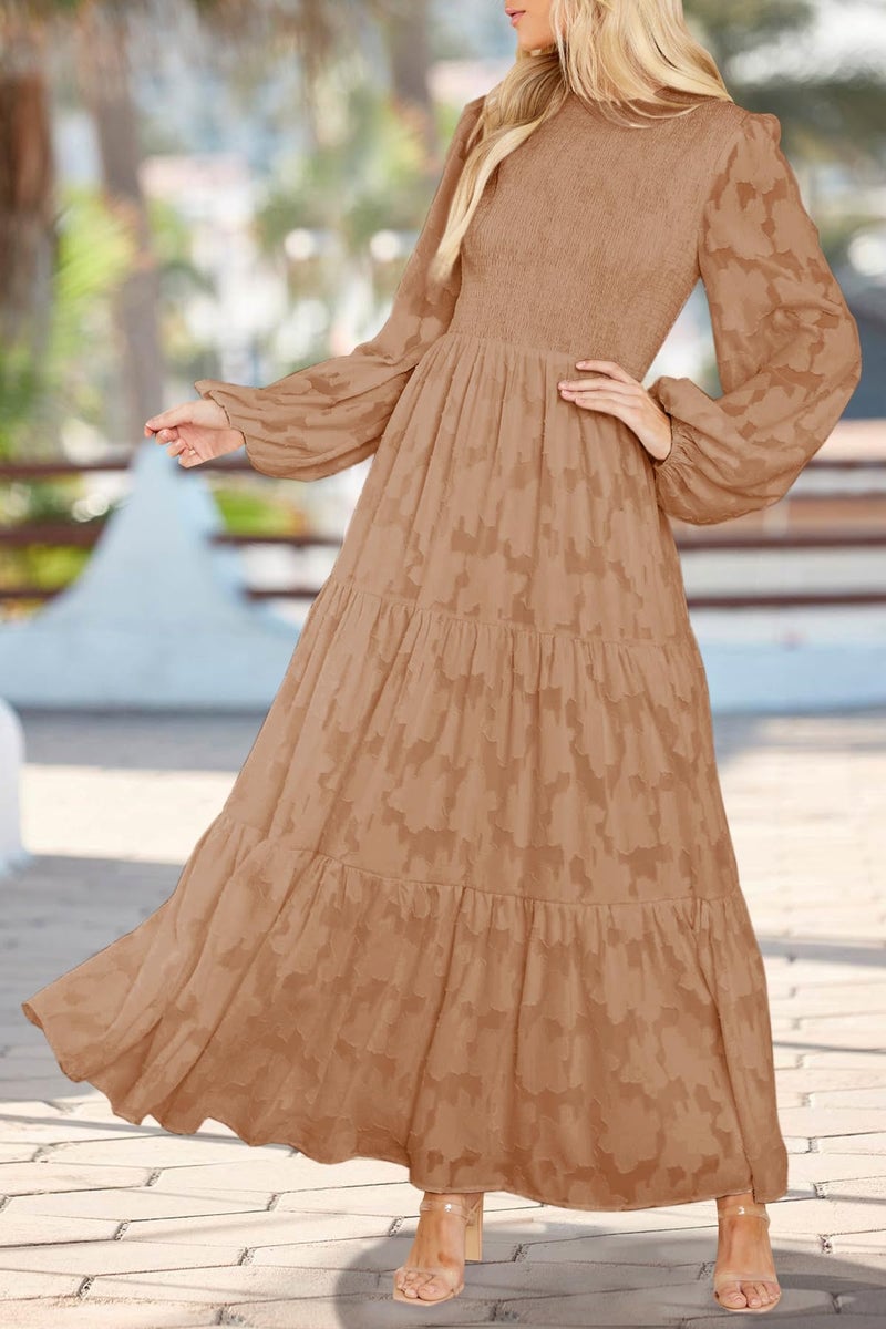 MITILLY Women's Elegant Floral Long Sleeve Round Neck Smocked A-Line Flowy Tiered Maxi Dress with Pockets X-Large Khaki - Image 2
