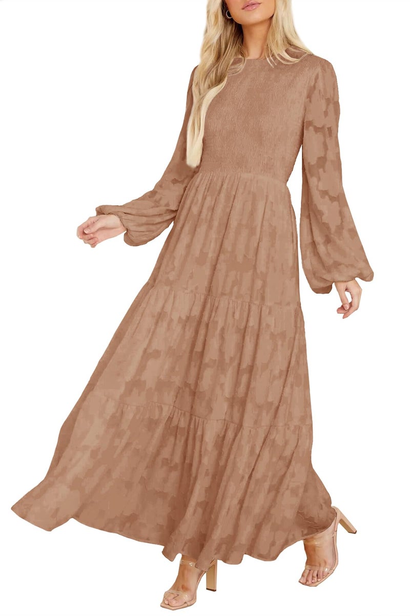 MITILLY Women's Elegant Floral Long Sleeve Round Neck Smocked A-Line Flowy Tiered Maxi Dress with Pockets X-Large Khaki - Image 1