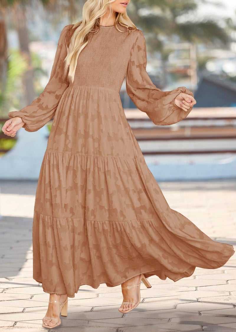 MITILLY Women's Elegant Floral Long Sleeve Round Neck Smocked A-Line Flowy Tiered Maxi Dress with Pockets X-Large Khaki - Image 4