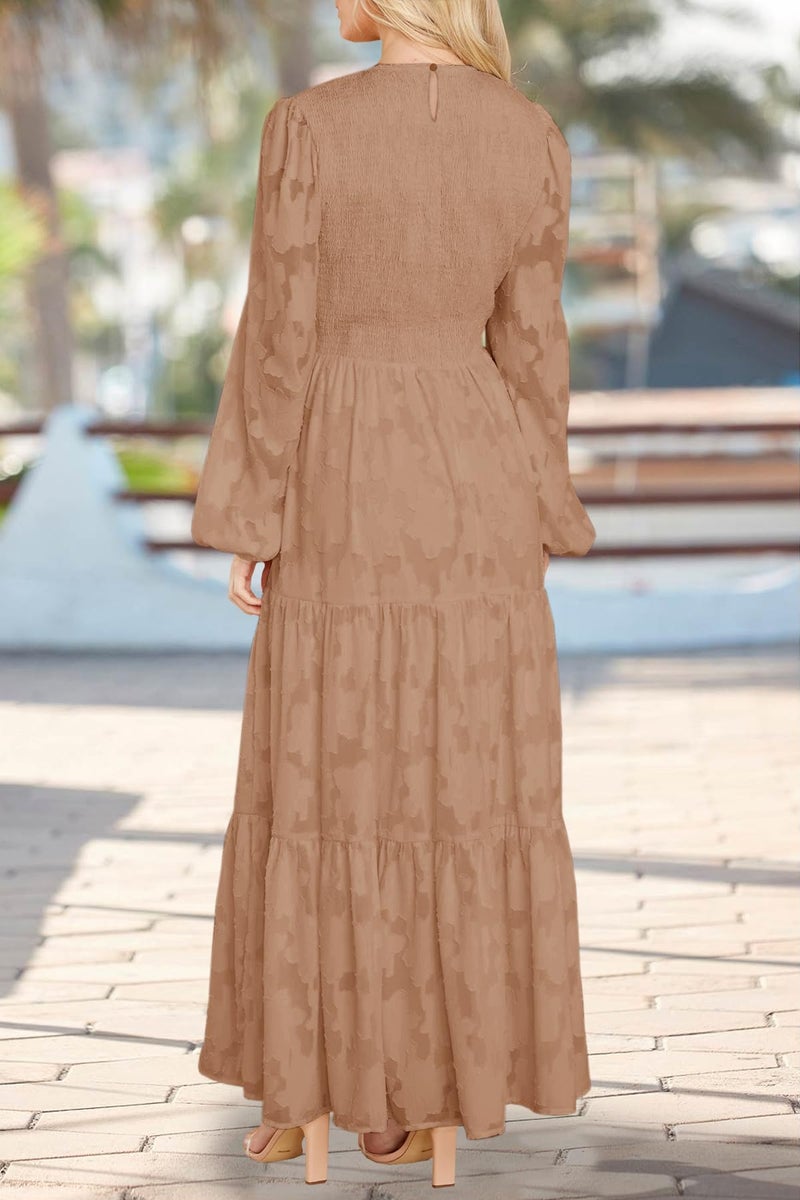 MITILLY Women's Elegant Floral Long Sleeve Round Neck Smocked A-Line Flowy Tiered Maxi Dress with Pockets X-Large Khaki - Image 3