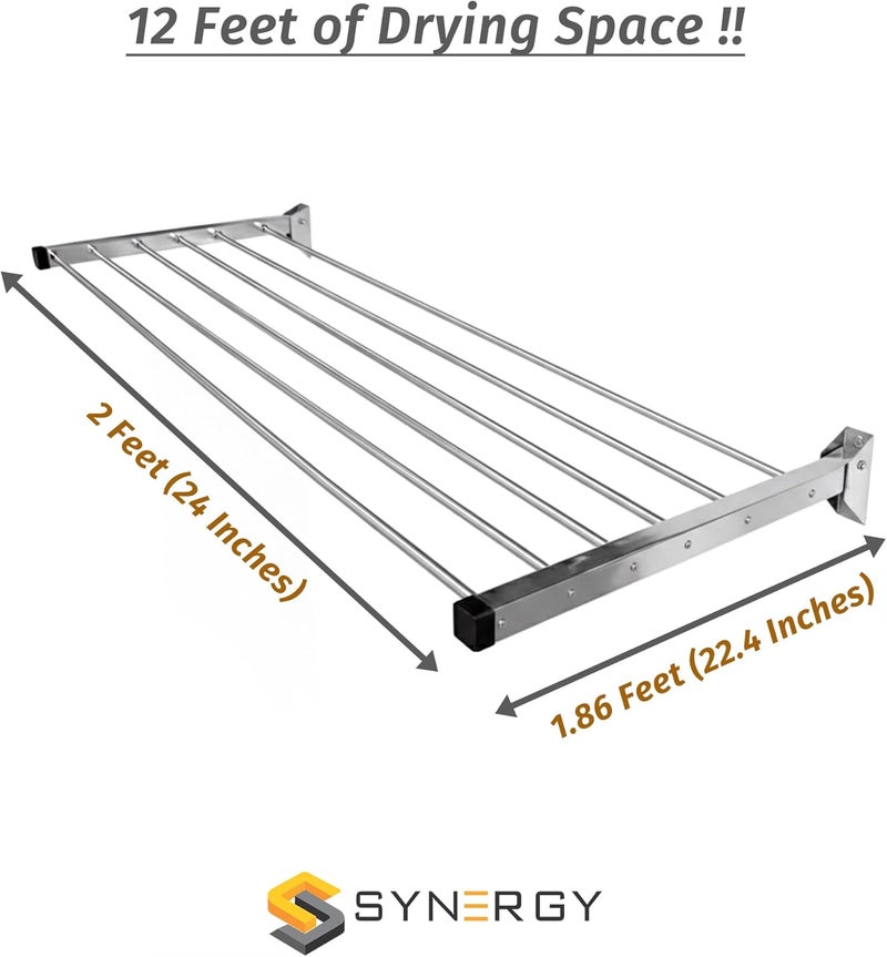 سينرجي - 6 Pipes x 2 Feet - Wall Mounted Cloth Drying Stand, Cloth Stand for Drying Clothes Foldable, Cloth Drying Stand Wall Mounted, Clothes Stand for Drying [SY-GL11] - Image 4
