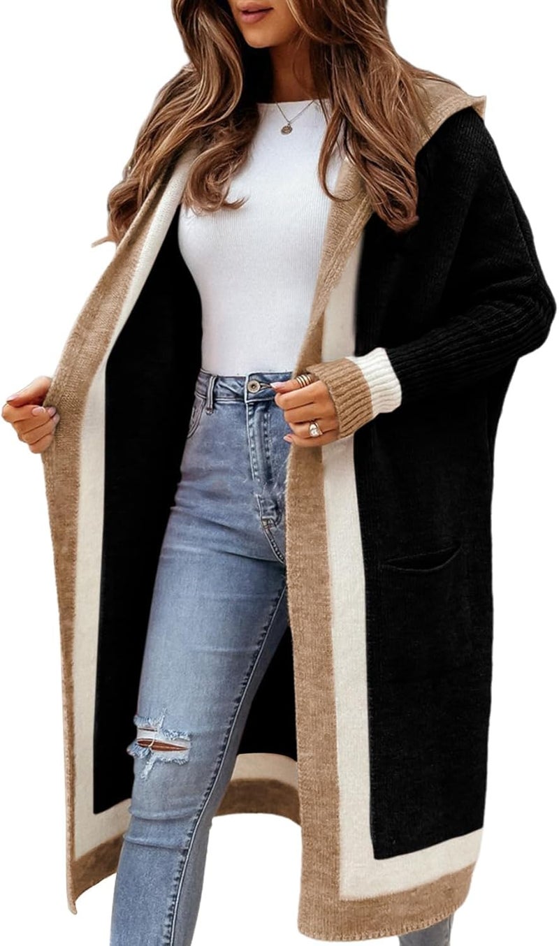 yoeasy Women's Color Block Striped Hooded Knit Long Cardigan Sweaters Oversized Open Front Long Sleeve Outwear Coat (Large, Black) - Image 1