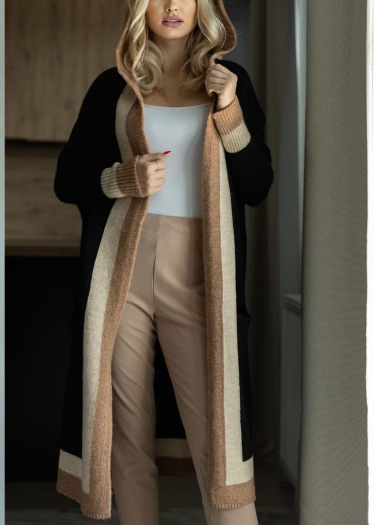 yoeasy Women's Color Block Striped Hooded Knit Long Cardigan Sweaters Oversized Open Front Long Sleeve Outwear Coat (Large, Black) - Image 3