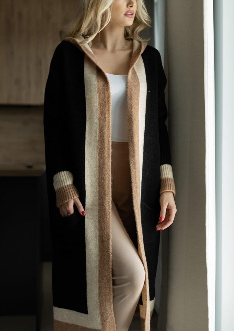 yoeasy Women's Color Block Striped Hooded Knit Long Cardigan Sweaters Oversized Open Front Long Sleeve Outwear Coat (Large, Black) - Image 2