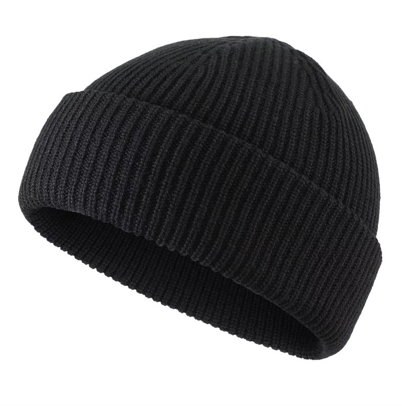 Connectyle Short Fisherman Beanie for Men Women Warm Acrylic Knit Winter Hats Cuffed Trawler Beanies Black - Image 1