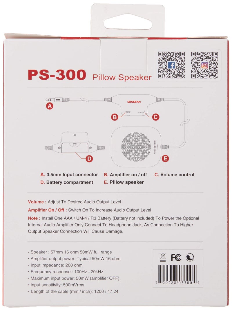 SANGEAN سماعة الوسادة Sangean PS-300 مع تحكم في مستوى الصوت ومضخم صوت مدمج (أبيض) - Image 5