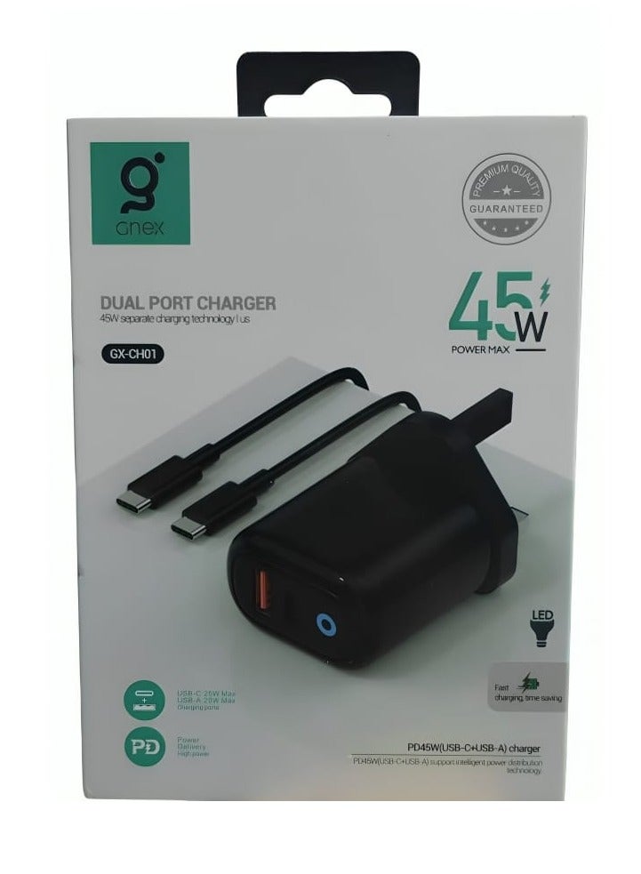 Gnex 45W Charger with USB Port, PD Port, and Type-C Charging Cable Black
