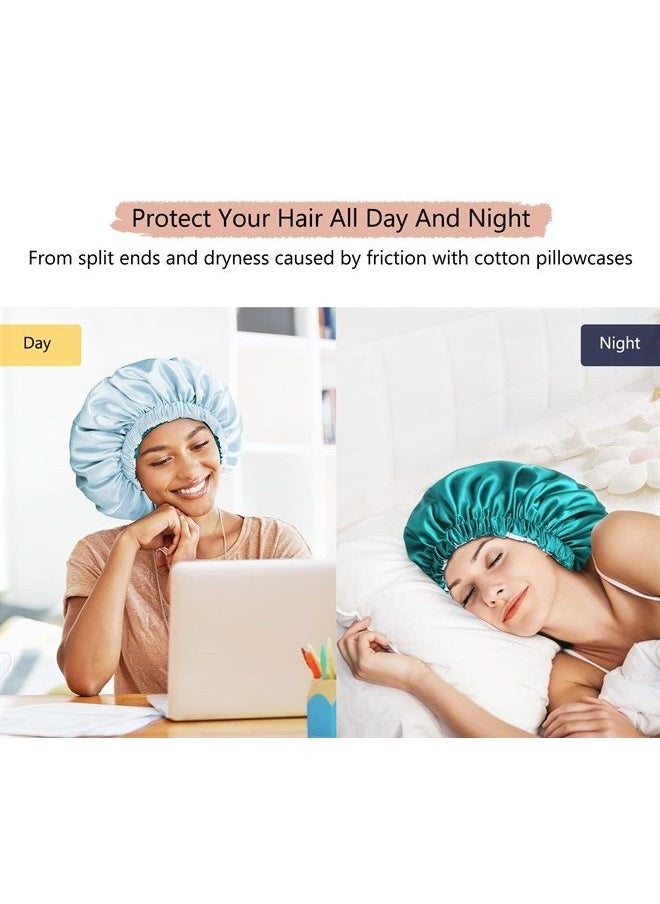 mikimini Satin Bonnet for Sleeping, Curly Hair Silk Sleep Cap for Women and Men Reversible Double Layer Bonnet X-Large Sleeping Cap Soft Stretchy Night Cap for Hair Care (Green+Light Blue)  - Image 3