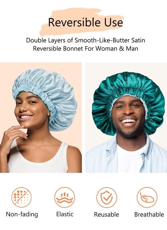 mikimini Satin Bonnet for Sleeping, Curly Hair Silk Sleep Cap for Women and Men Reversible Double Layer Bonnet X-Large Sleeping Cap Soft Stretchy Night Cap for Hair Care (Green+Light Blue)  - Image 2