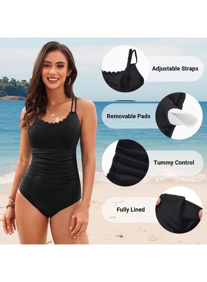 Daci Womens One Piece Swimsuit Tummy Control - Slimming Bathing Suit Scalloped Neck Full Coverage Swimwear 2025, Black, XXL - Image 4