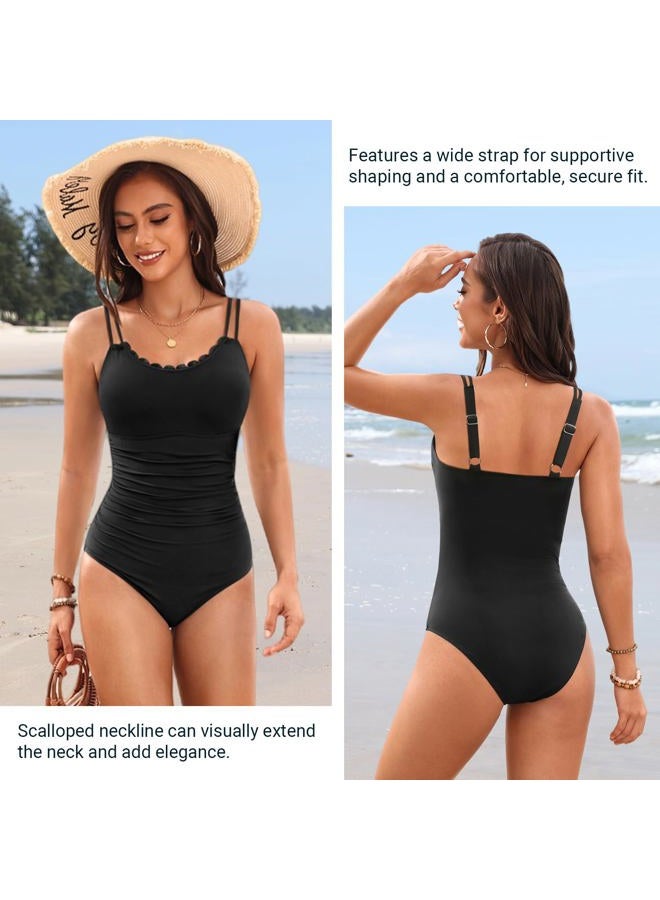Daci Womens One Piece Swimsuit Tummy Control - Slimming Bathing Suit Scalloped Neck Full Coverage Swimwear 2025, Black, XXL - Image 2