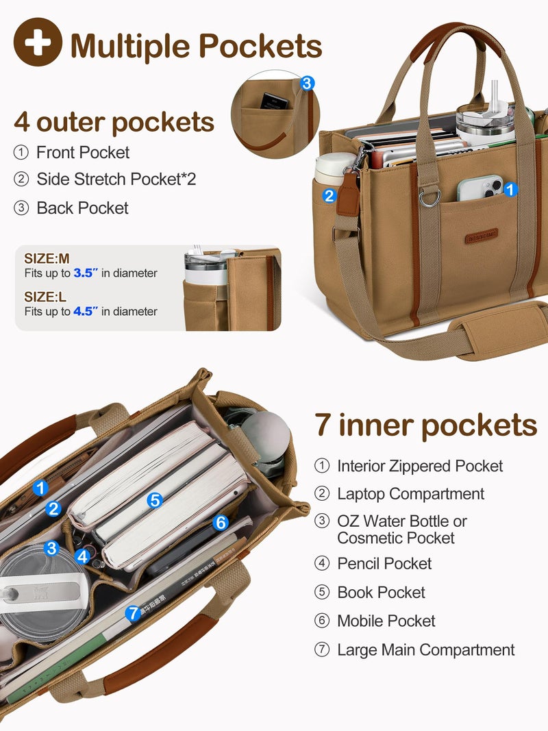 BESBESME Canvas Tote Bag for Women with Zipper & Compartments – Large Multi-Pocket Work Laptop College Tote Purse, Crossbody Shoulder Bag for Teacher, Nurse, Bible Study, Travel Brown M - Image 3