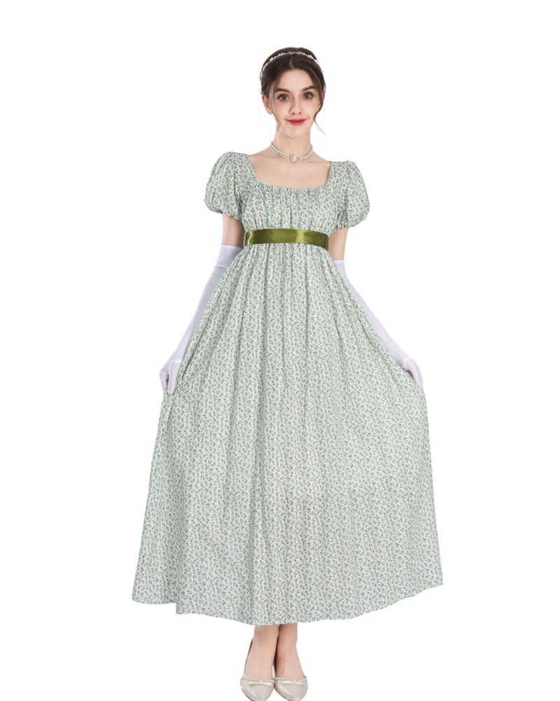 Nuoqi Regency Dresses for Women Long Floral Regency Era Dress Empire Waist Tea Party Dress XXL, Green Floral - Image 2
