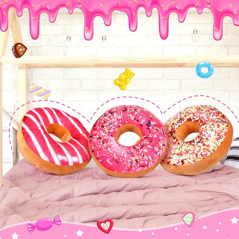 Queekay وسادة دائرية على شكل دونات 3 قطع 16 بوصة دونات وردية وسادة مطبوعة بتقنية 3D وسائد مضحكة على شكل دونات وسادة مريحة من الفرو الناعم لتزيين الطعام للكرسي والأريكة - Image 4