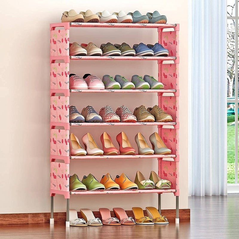Zemic International Quality 5Tiers Shoe RackMultipurpose Portable Folding Storage Rack Organizer Cabinet Tower Iron and Nonwoven Cherry Pink 6Shelve