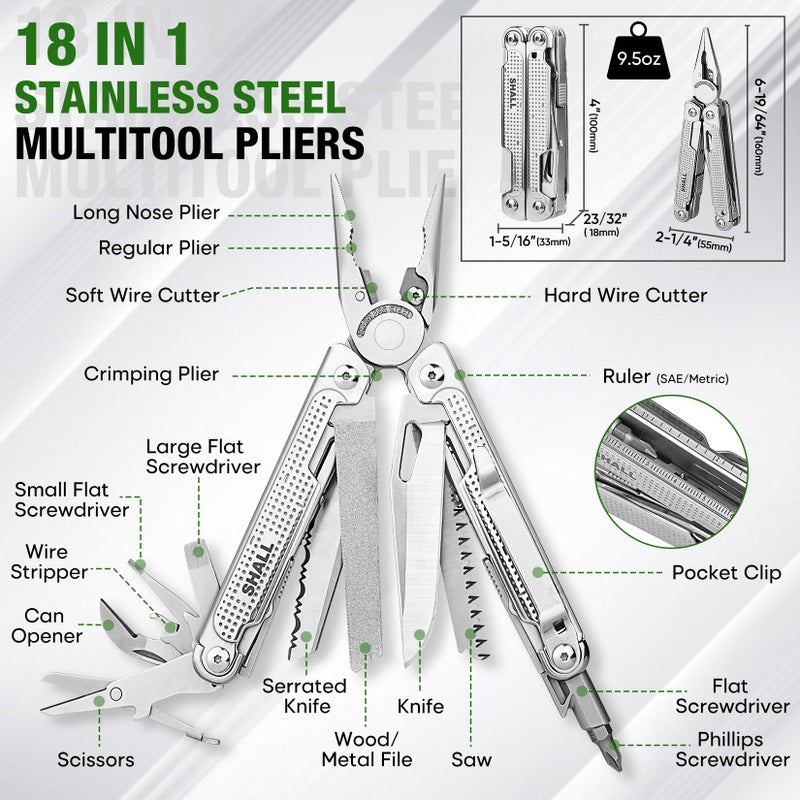 SHALL SHALL Multi Tool, 18-in-1 Multitool Pliers, Stainless Steel Multi-tool Pocket Knife w/Screwdriver Bit & Universal Socket, Self-locking Multipurpose Tool w/Sheath for Camping Fishing Survival Hunting  - Image 2