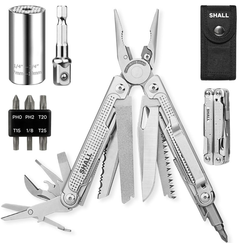 SHALL SHALL Multi Tool, 18-in-1 Multitool Pliers, Stainless Steel Multi-tool Pocket Knife w/Screwdriver Bit & Universal Socket, Self-locking Multipurpose Tool w/Sheath for Camping Fishing Survival Hunting  - Image 1