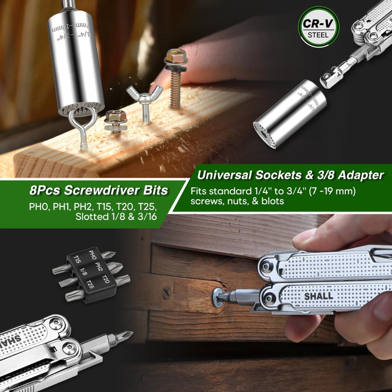 SHALL SHALL Multi Tool, 18-in-1 Multitool Pliers, Stainless Steel Multi-tool Pocket Knife w/Screwdriver Bit & Universal Socket, Self-locking Multipurpose Tool w/Sheath for Camping Fishing Survival Hunting  - Image 4