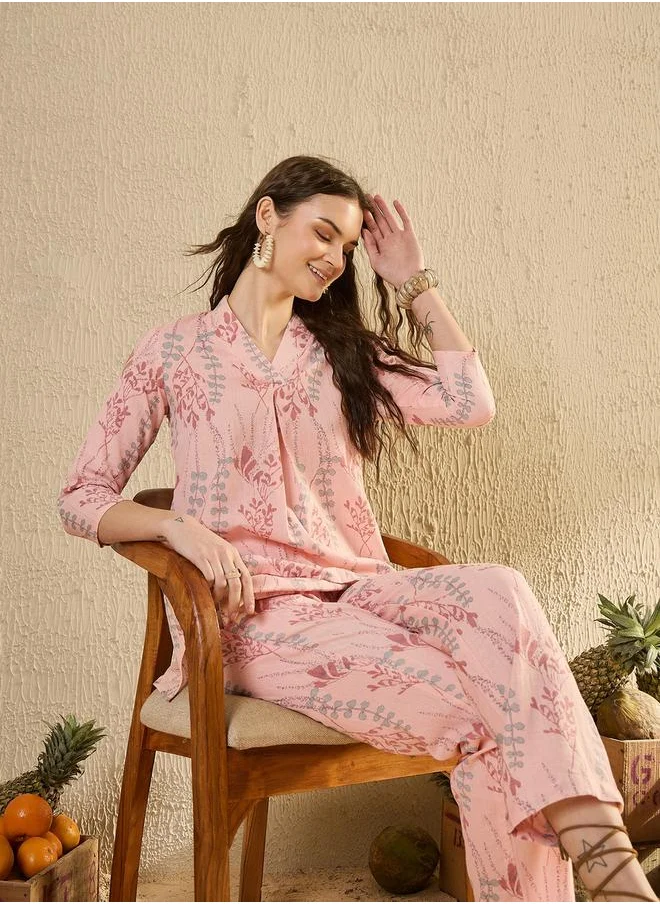 سانسكريتي هومز Printed Pure Cotton Top and Trouser Co-Ord Set by Styli