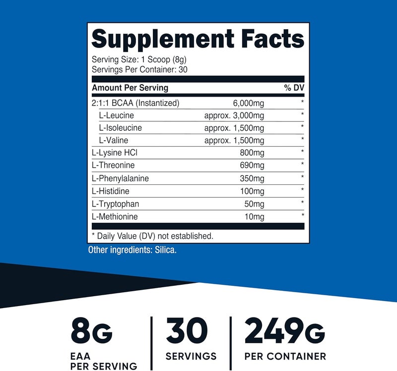 Nutricost بودرة نوتريكوست EAA 30 حصة بدون نكهة الأحماض الأمينية الأساسية خالية من الكائنات المعدلة وراثيًا خالية من الغلوتين مناسبة للنباتيين - Image 2