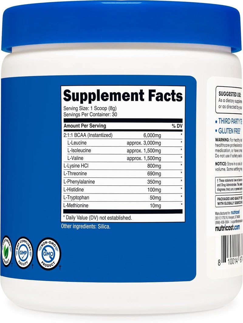Nutricost بودرة نوتريكوست EAA 30 حصة بدون نكهة الأحماض الأمينية الأساسية خالية من الكائنات المعدلة وراثيًا خالية من الغلوتين مناسبة للنباتيين - Image 5