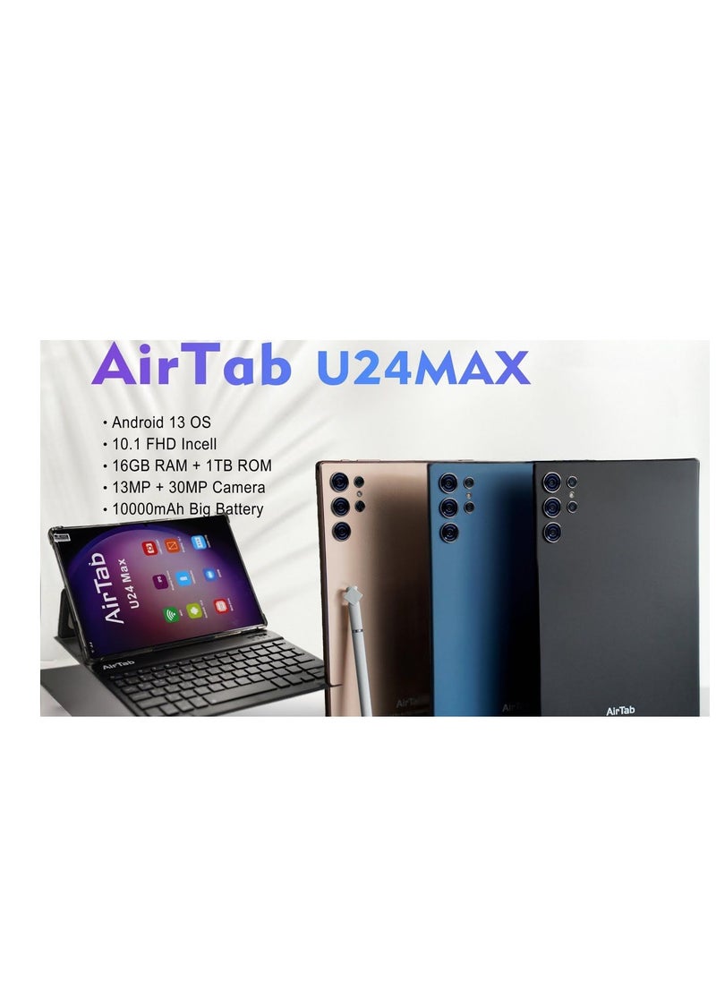 AirTab 10.1 -Inch Smart Tablet U24 MAX Android 13 Tablet With 1TB Storage and 16GB RAM Quad Core Wi-Fi LTE Dual Sim with Touch Pen and Keyboard - BLACK  - Image 1