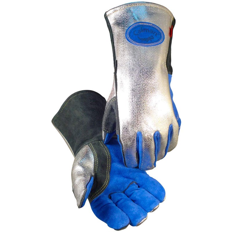 Caiman Premium Split Cowhide MIGStick Welding Gloves Aluminized Rayon Back Wool Lining Kevlar Kontour SilverBlue Large 1524 - Image 1