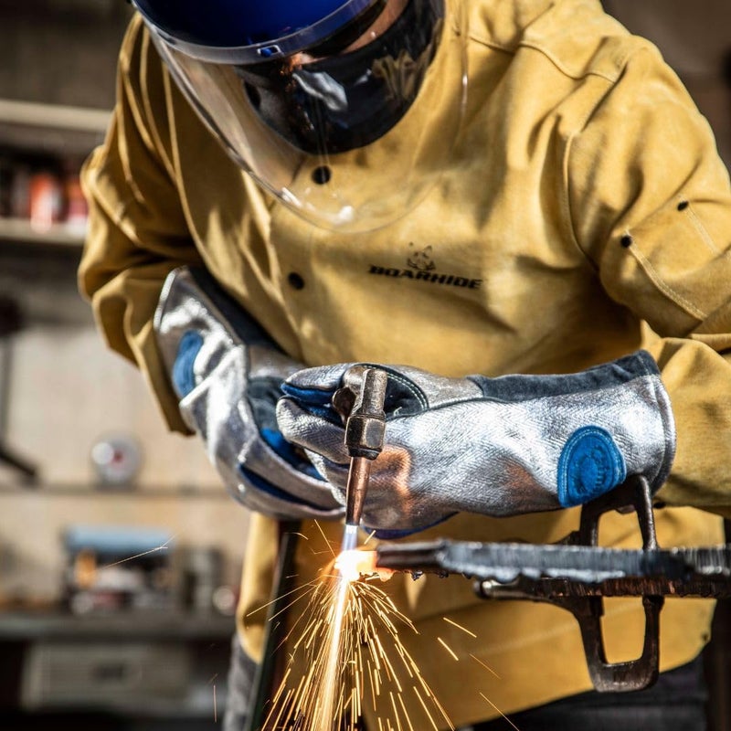 Caiman Premium Split Cowhide MIGStick Welding Gloves Aluminized Rayon Back Wool Lining Kevlar Kontour SilverBlue Large 1524 - Image 4