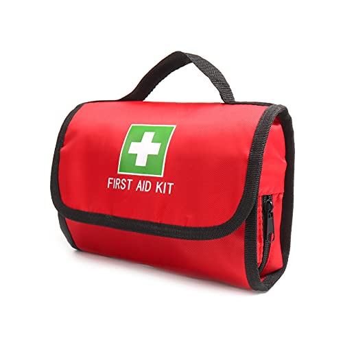 Jipemtra First Aid Bag Tote Empty Small First Aid Kit Bag Outdoor Travel Rescue Pouch First Responder Medicine Bag Pocket Container for Car Home Office Sport Outdoors (Red Foldable Green Print) - Image 1