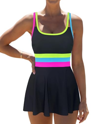popvil Women One Piece Swimsuit 2026 Tummy Control Bathing Suit Neon Modest Swim Dress with Skirt Full Coverage, Black,X-Large - Image 1