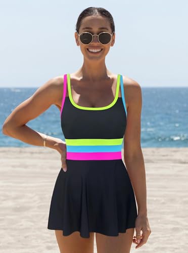 popvil Women One Piece Swimsuit 2026 Tummy Control Bathing Suit Neon Modest Swim Dress with Skirt Full Coverage, Black,X-Large - Image 4