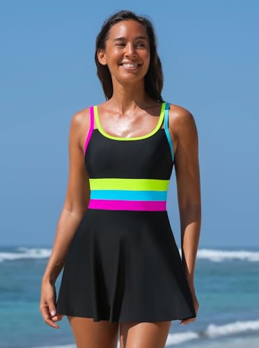 popvil Women One Piece Swimsuit 2026 Tummy Control Bathing Suit Neon Modest Swim Dress with Skirt Full Coverage, Black,X-Large - Image 5