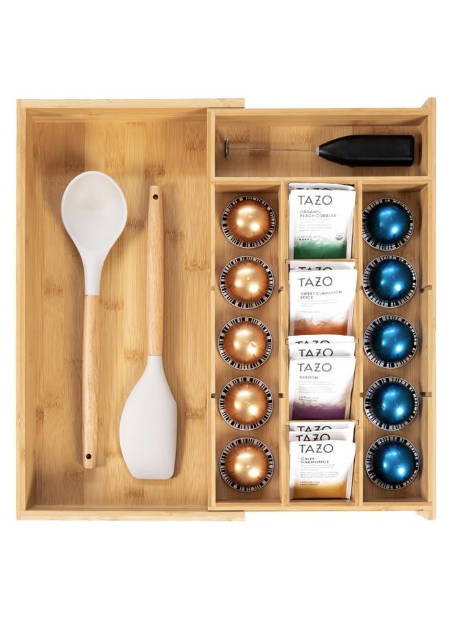 KitchenEdge Tea Bag and Coffee Pod Kitchen Drawer Organizer, Expandable 9.7 to 17 Inches, 10 Accessory Compartments with Adjustable Wall Inserts, Non-Slip Rubber Feet, 100% Sustainable Bamboo Wood - Image 1
