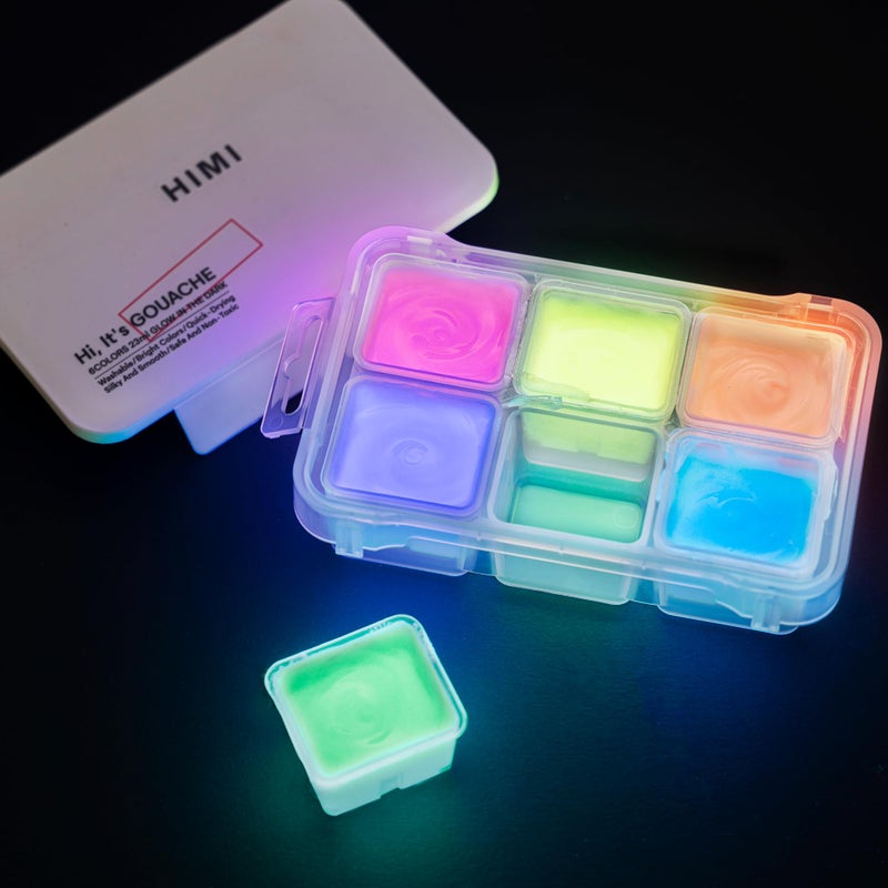 HIMI Glow in The Dark Jelly Gouache Paint Set 6 Colors 23ml Jelly Cup Design Travel carry Non Toxic Paint for Canvas and Paper Art Supplies for Professionals