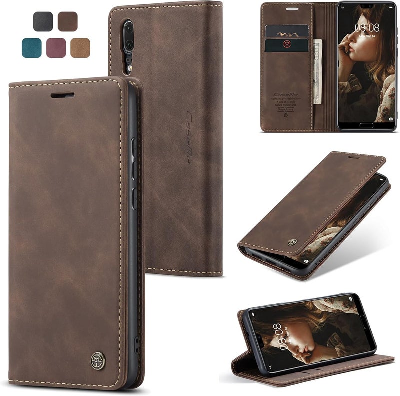 Cracedily Case for Huawei P20 Case, Premium Leather Flip Wallet Case with Card Slots and Horizontal Stand Function Magnet Coque Cover Protective Case for Huawei P20, Brown - Image 1