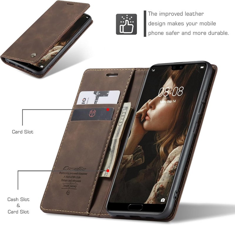 Cracedily Case for Huawei P20 Case, Premium Leather Flip Wallet Case with Card Slots and Horizontal Stand Function Magnet Coque Cover Protective Case for Huawei P20, Brown - Image 2