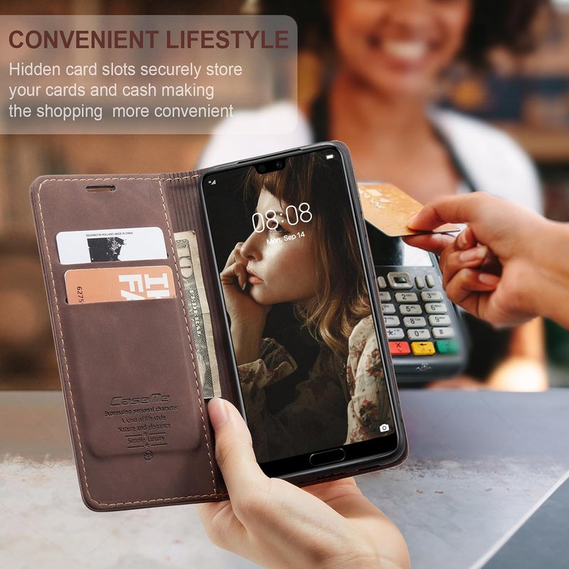 Cracedily Case for Huawei P20 Case, Premium Leather Flip Wallet Case with Card Slots and Horizontal Stand Function Magnet Coque Cover Protective Case for Huawei P20, Brown - Image 4