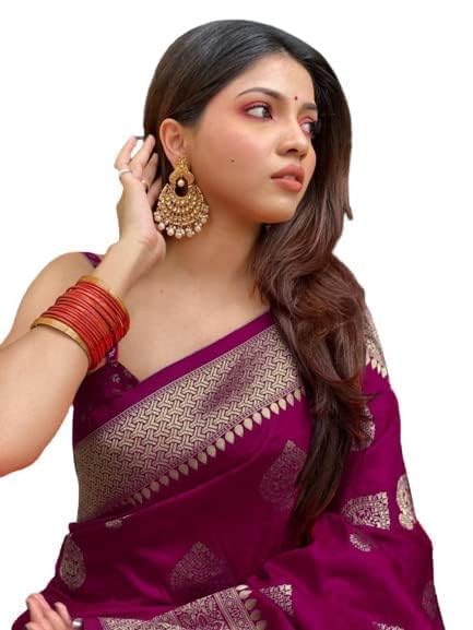 Shiv Textiles Women's Banarasi Silk Saree With Unstitched Blouse (Wine) - Image 1