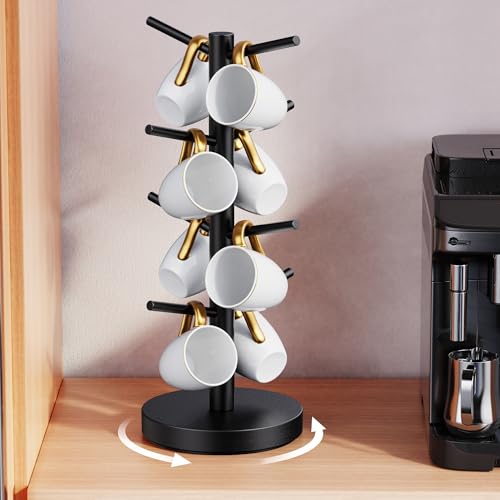 Coffee Mug Holder Tree Upgraded 360 Rotated Coffee Cup Holder for Counter Wood Coffee Mug Tree Coffee Mug Rack with 8 Hooks Coffee Mug Organizer Station Mug Stand Coffee Bar Accessories Black