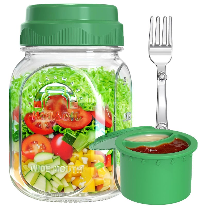 Syntic UPGRADE 1 Pack Glass Salad Pod with Silicone Divider Container for Lunch Meal Prep Leakproof Salad Jar with Lid Fork Separation Divider for Dressing Sauces Dry Ingredients 32 oz Mason Jar - Image 2