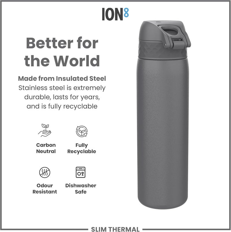 ion8 Vacuum Insulated Steel Water Bottle, 500 ml/17 oz, Leak Proof, Easy to Open, Secure Lock, Dishwasher Safe, Fits Cup Holders, Carry Handle, Scratch Resistant, Metal Water Bottle, Grey - Image 4